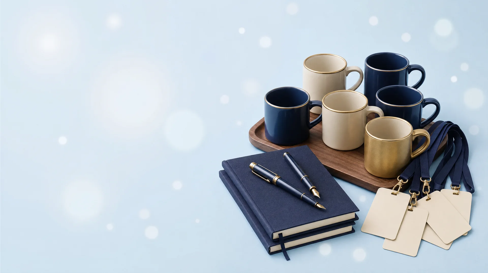 Six navy, cream and brass coffee mugs on a walnut tray beside navy notebooks, fountain pens and blank conference badges on navy lanyards, on a pale blue backdrop.